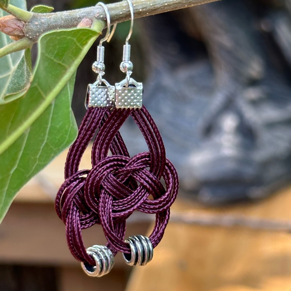 HandMade Solid Bordeaux with silver beads Boho Earrings NEW - Picture 3 of 6